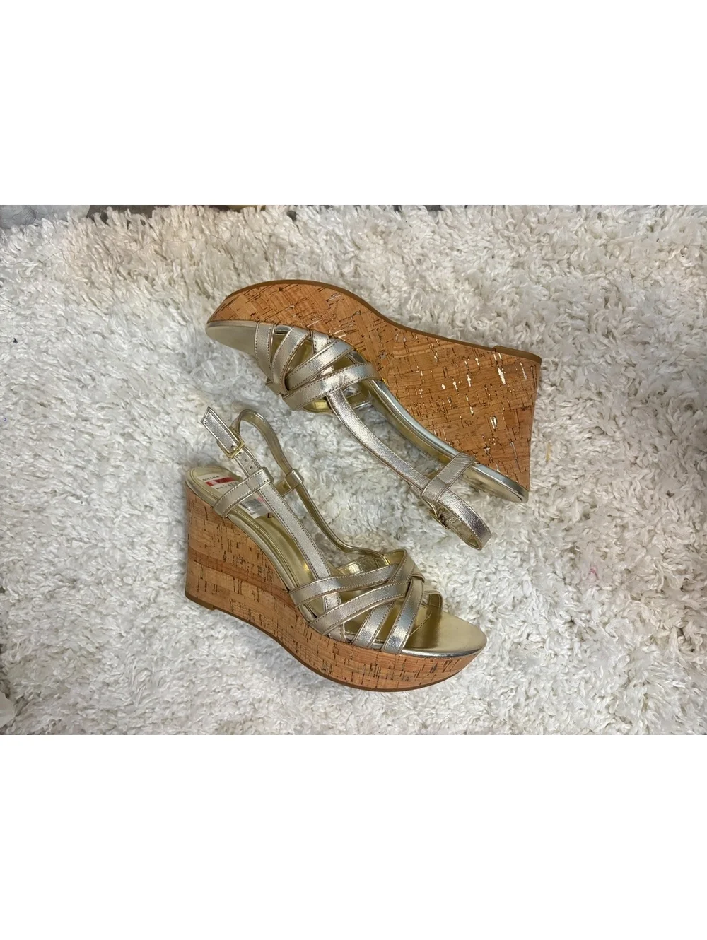Lauren Ralph Lauren Gold Cork Wedge Coastal Sandals Metallic Strappy Size 8.5